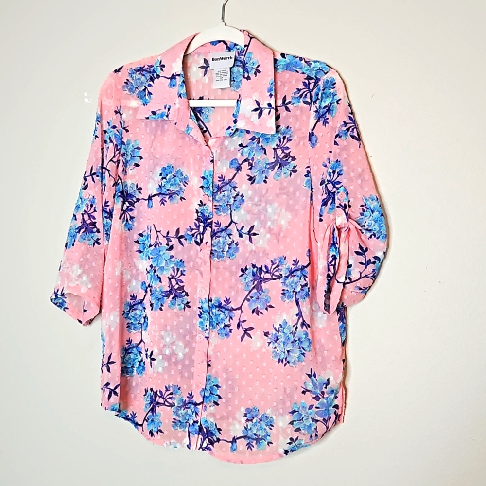 Bon Worth Lightweight Floral Button-front Blouse Size Small Petite